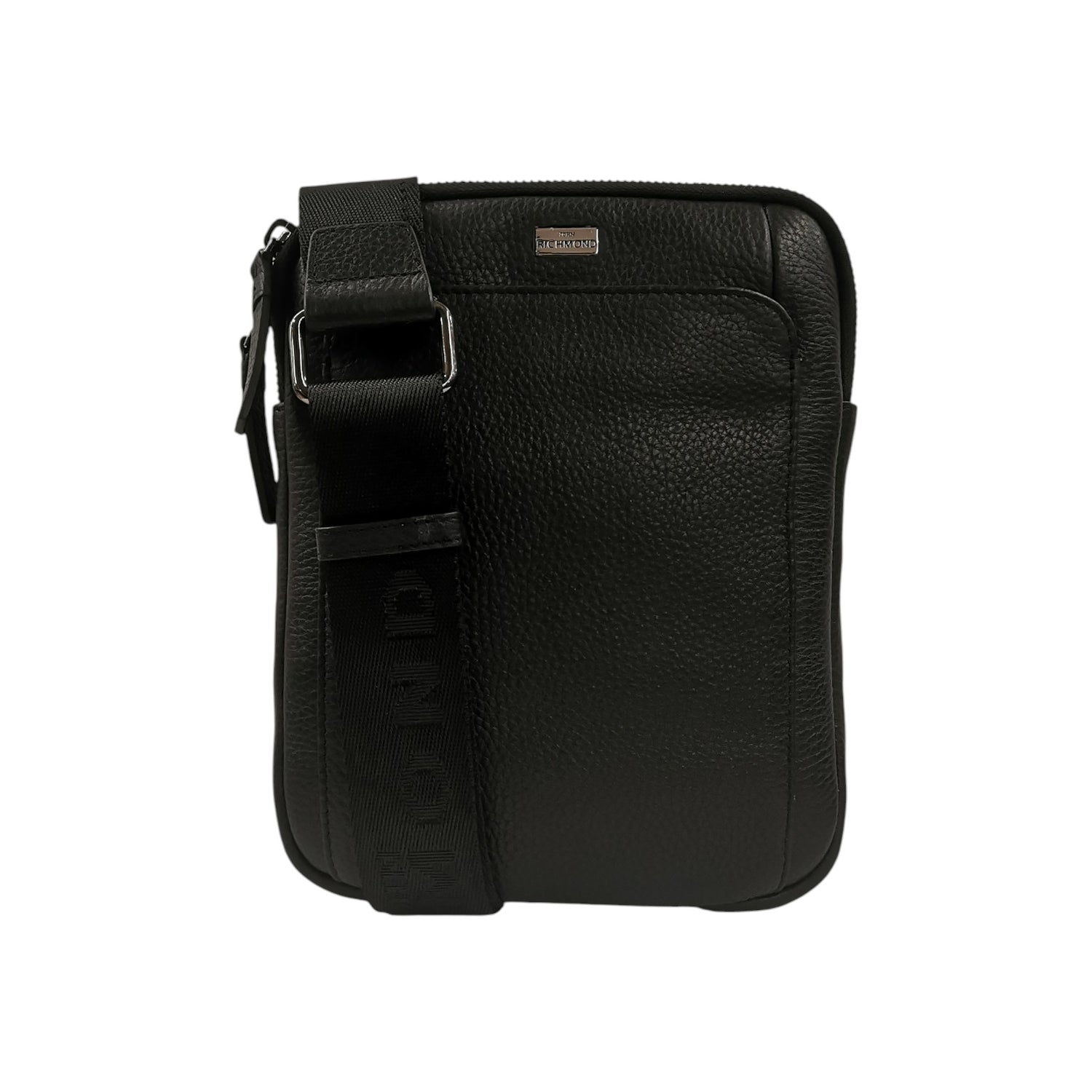 John Richmond Borsello Uomo in Pelle Nero con Targhetta Logo Argento