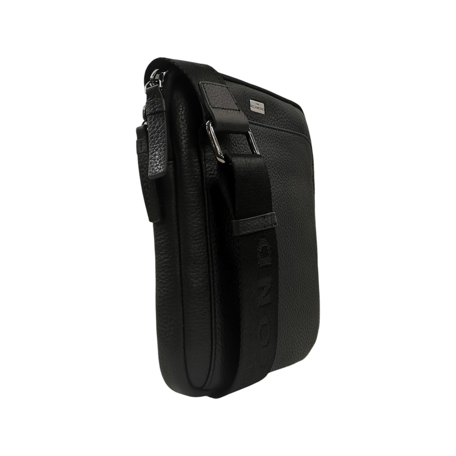 John Richmond Borsello Uomo in Pelle Nero con Targhetta Logo Argento