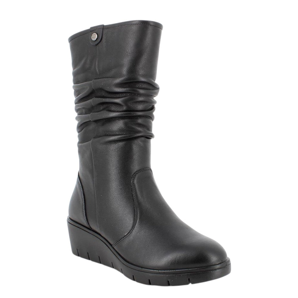 Enval Soft Stivale Donna in Pelle Nera Arricciata con Zeppa Alta 50mm