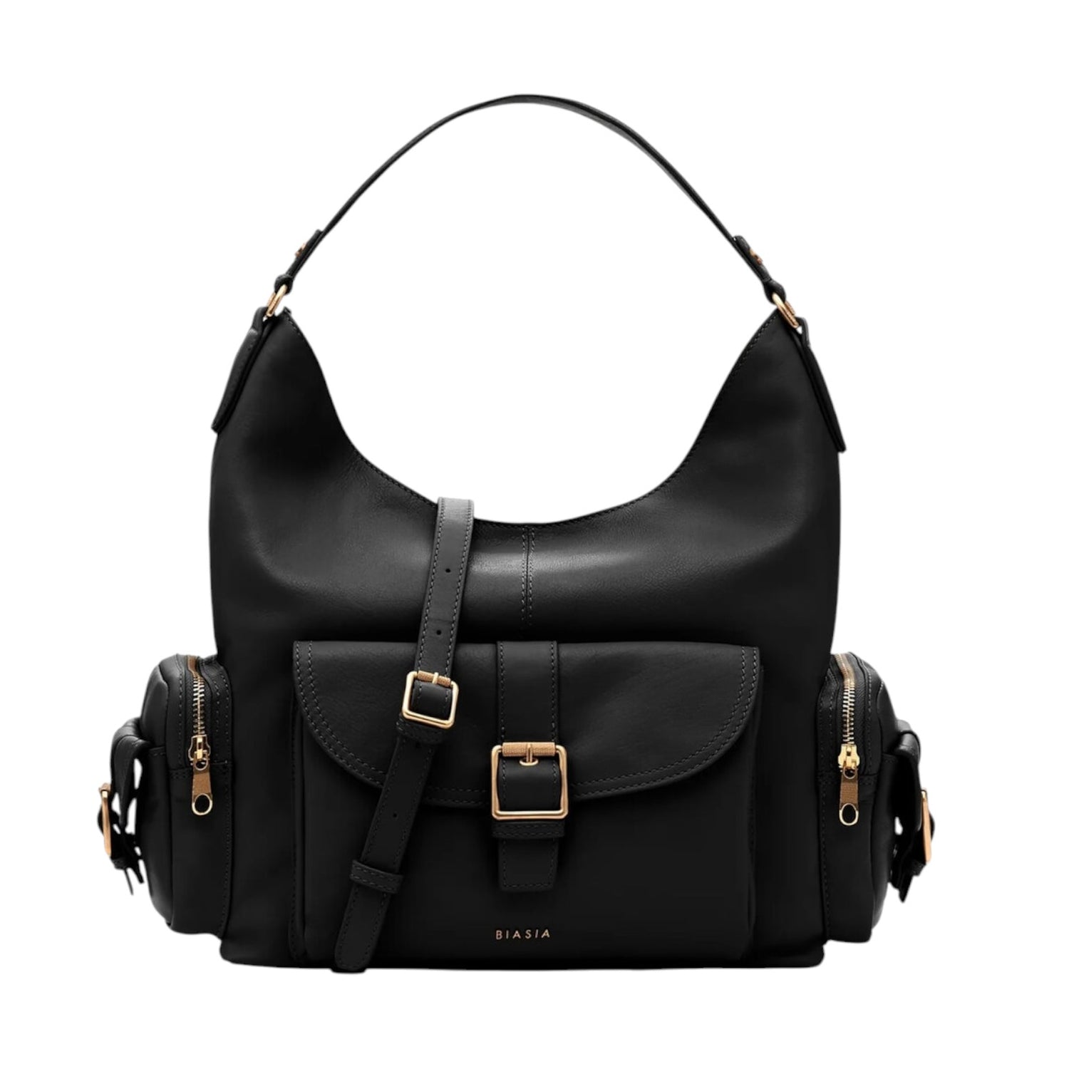 Biasia Borsa a Spalla Donna in Pelle Nera con Tasca Frontale con Cinturino
