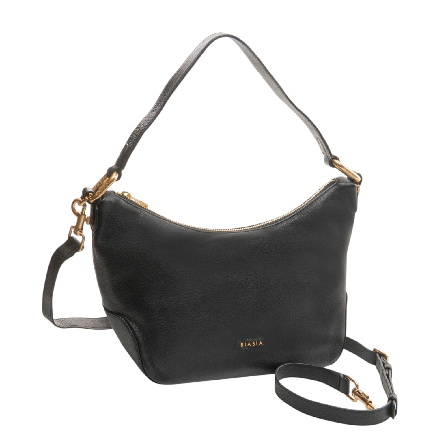 Biasia Borsa a Spalla Donna in Pelle Nera con Anello sul Manico e Tracolla