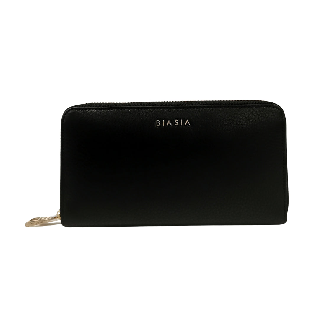 Biasia Portafoglio in Pelle Martellata Colore Nero Logo Lettering in Metallo