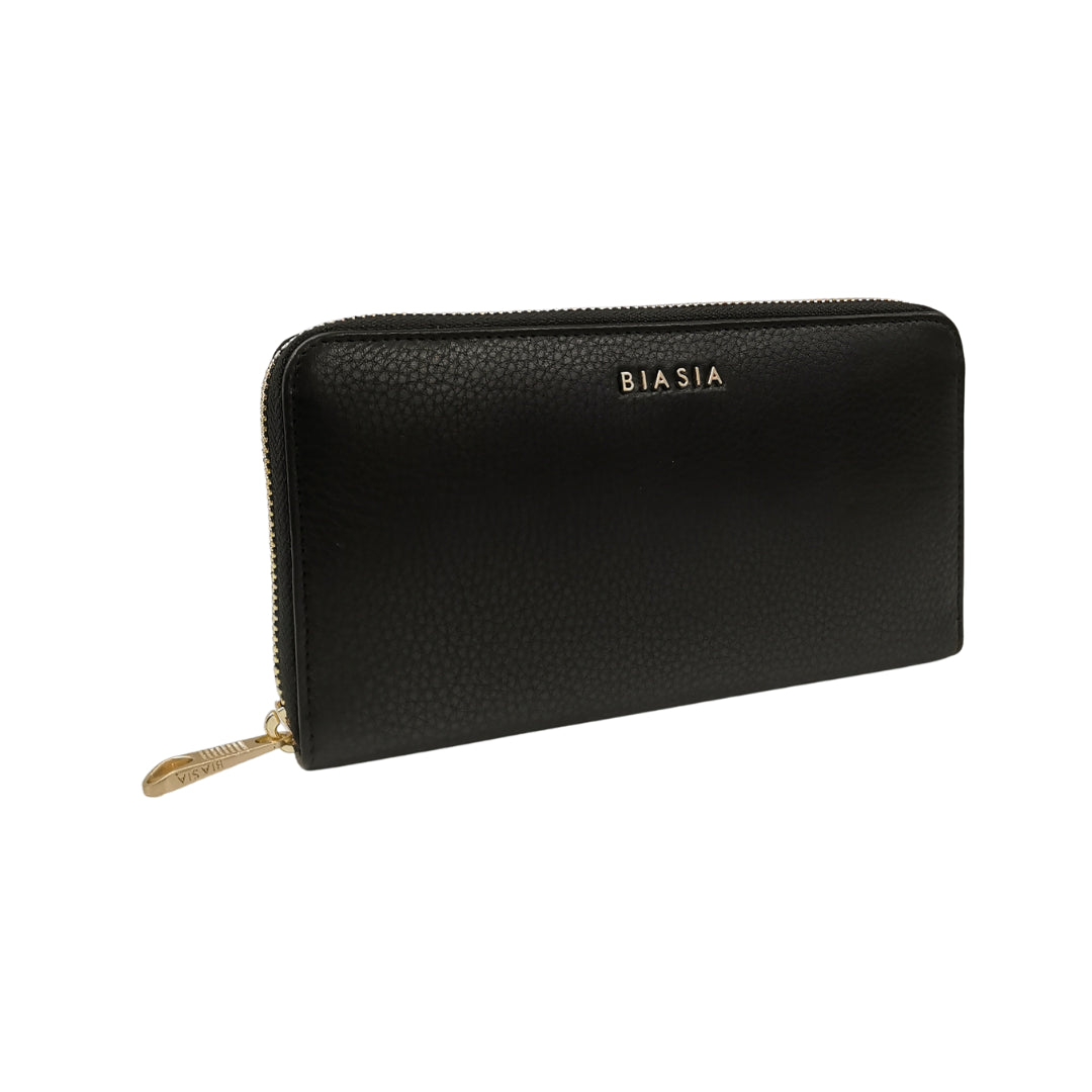 Biasia Portafoglio in Pelle Martellata Colore Nero Logo Lettering in Metallo