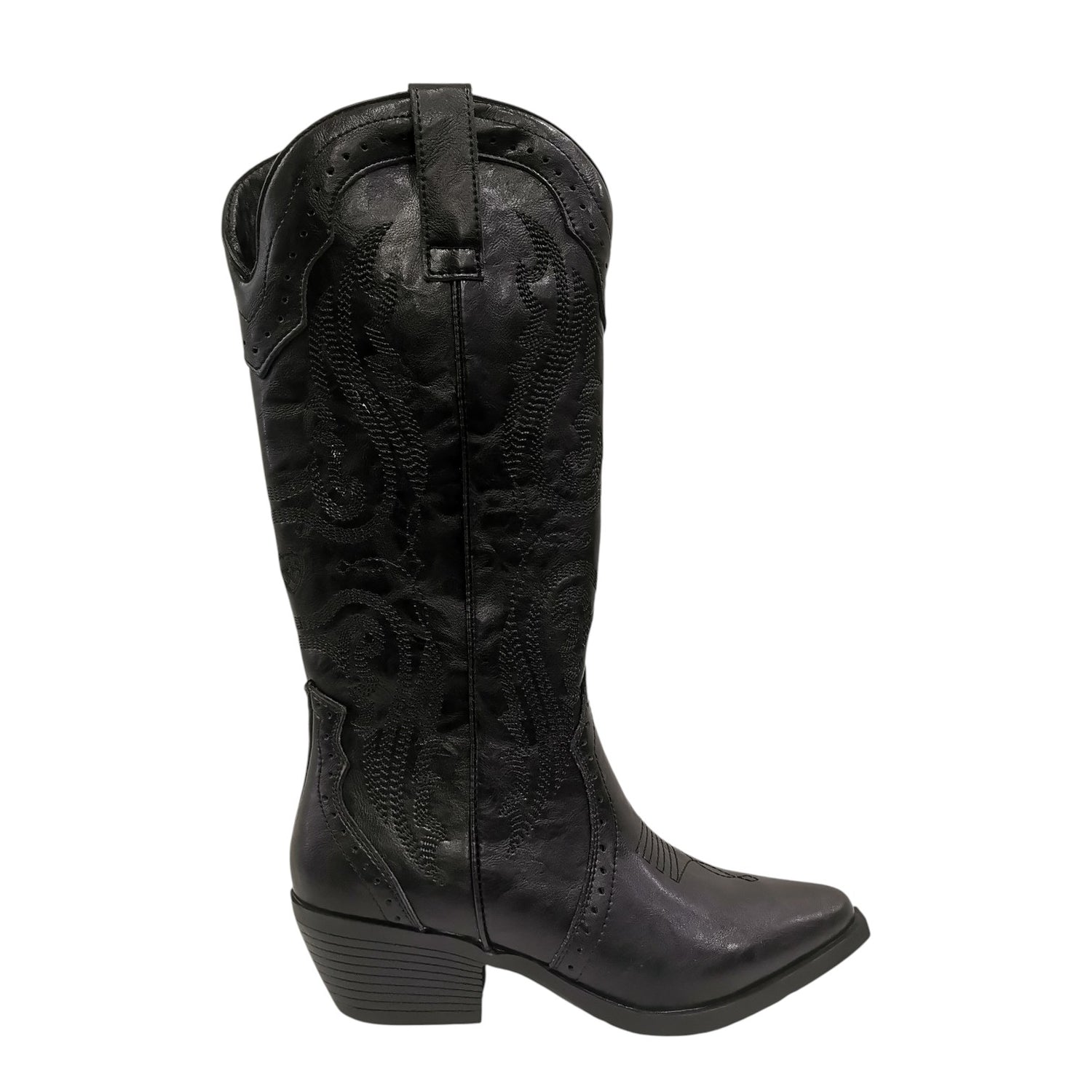 Ikaros Camperos Donna in Pelle Nera con Ricami e Tacco Largo Alto 50mm