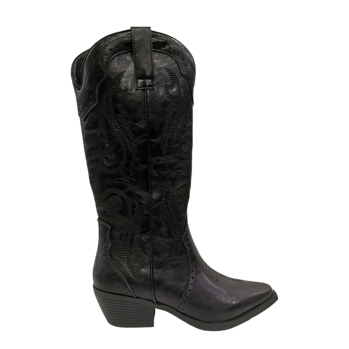 Ikaros Camperos Donna in Pelle Nera con Ricami e Tacco Largo Alto 50mm