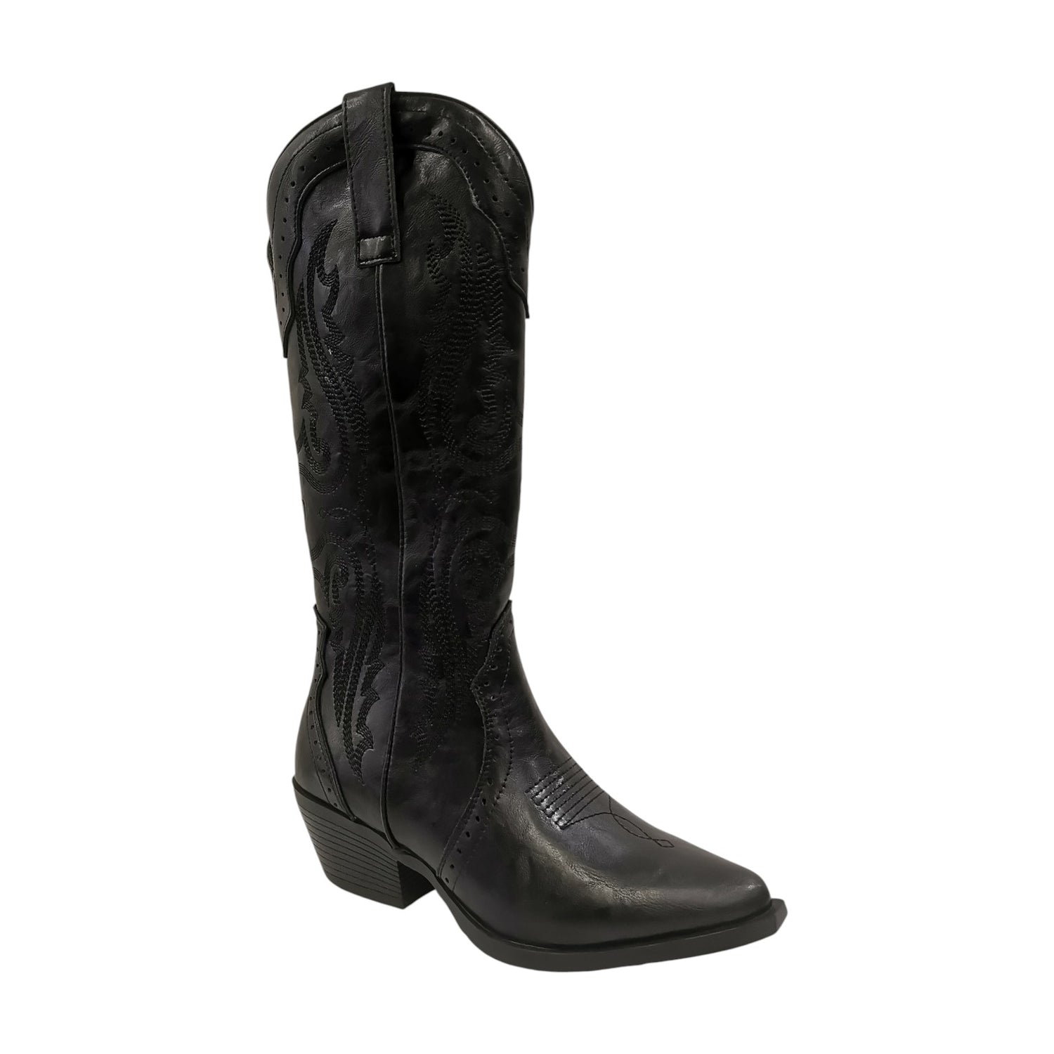 Ikaros Camperos Donna in Pelle Nera con Ricami e Tacco Largo Alto 50mm