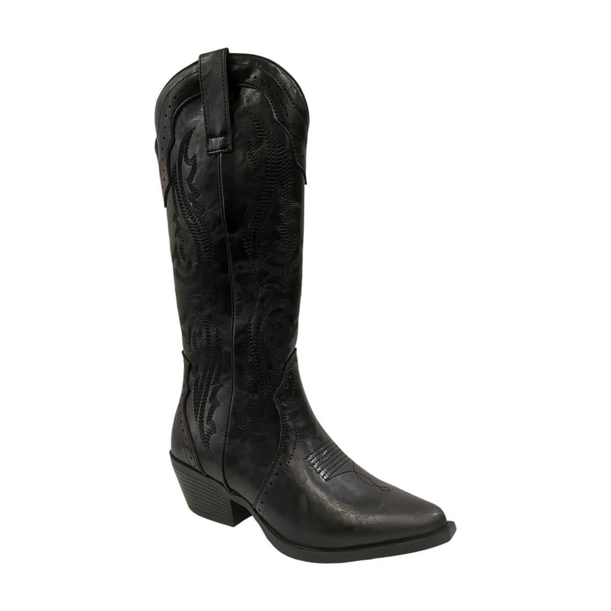 Ikaros Camperos Donna in Pelle Nera con Ricami e Tacco Largo Alto 50mm