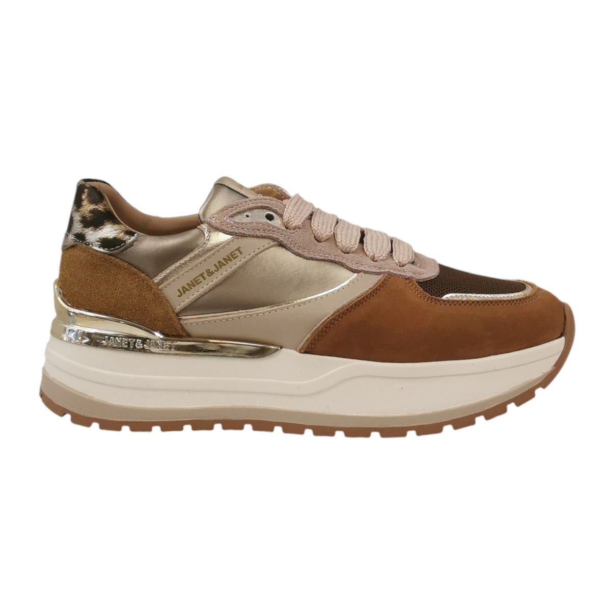 Janet&Janet Sneakers Donna in Pelle Scamosciata Cuoio Oro