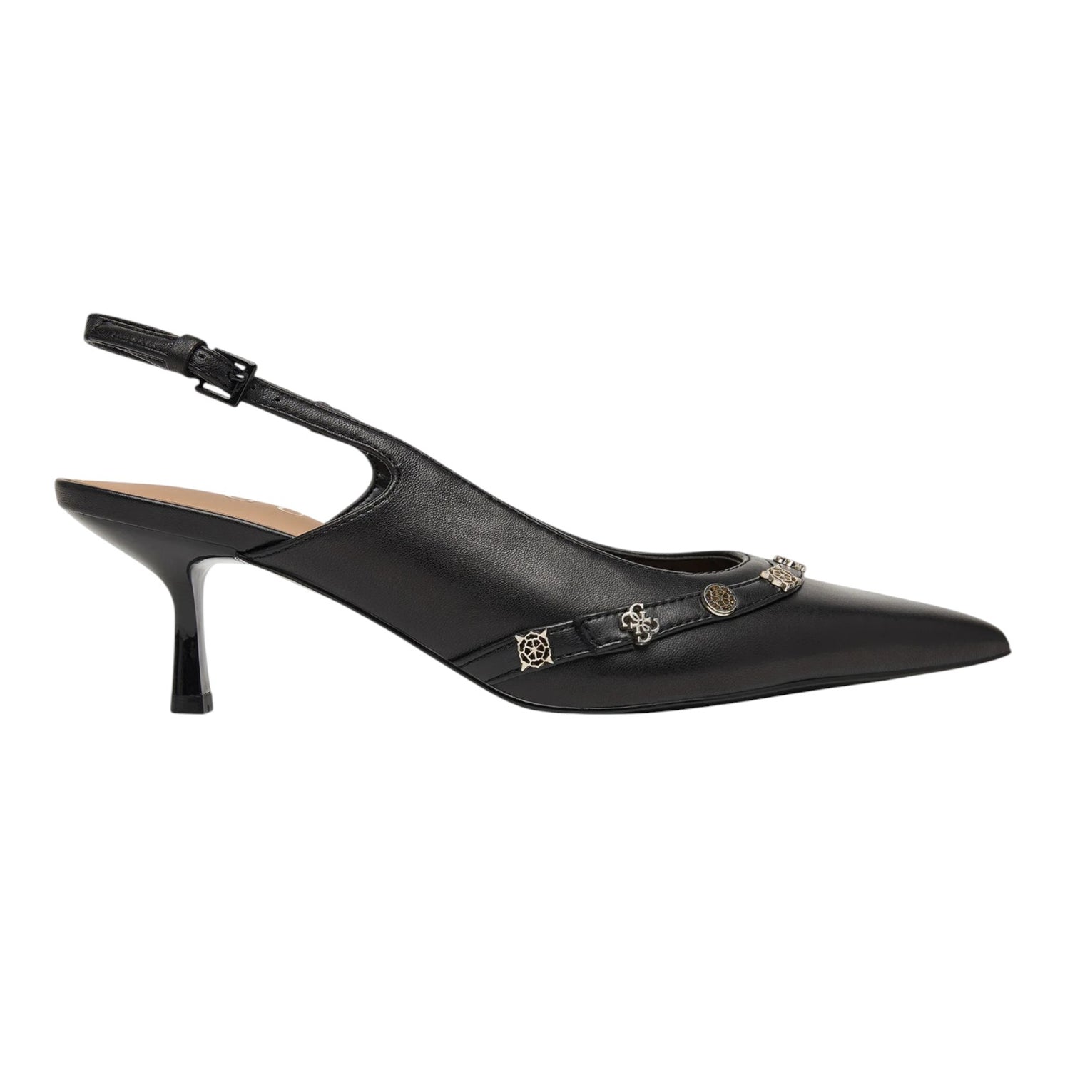 Guess Chanelle Donna in Pelle Nera con Accessori in Metallo 4G Peony e Tacco Alto 70mm