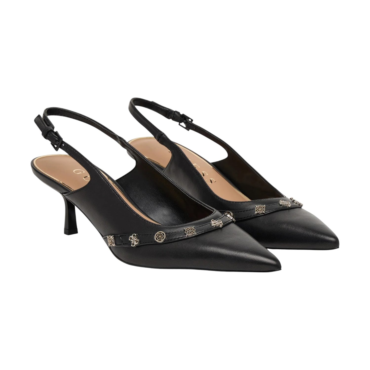 Guess Chanelle Donna in Pelle Nera con Accessori in Metallo 4G Peony e Tacco Alto 70mm