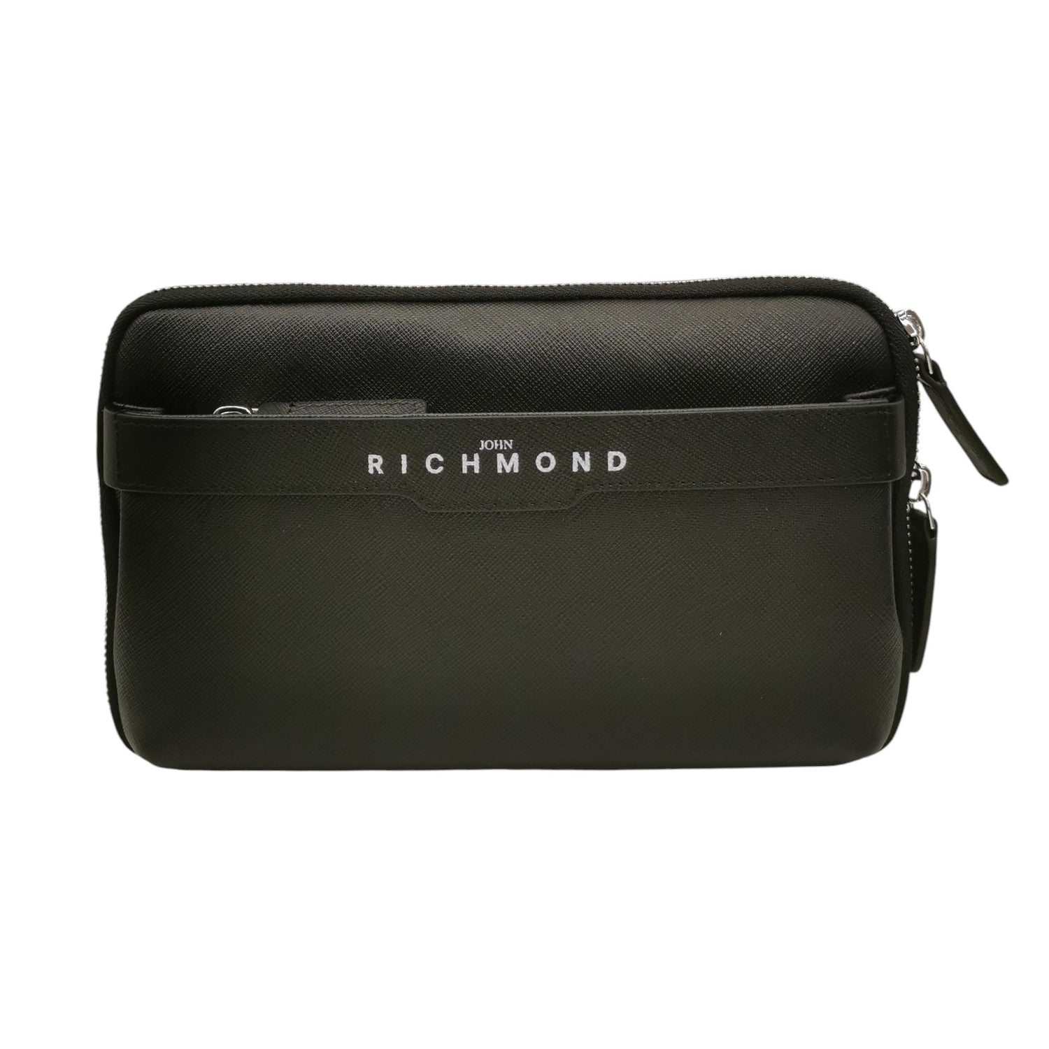 John Richmond Pochette Uomo in Pelle Effetto Saffiano Nera con Tre Scomparti