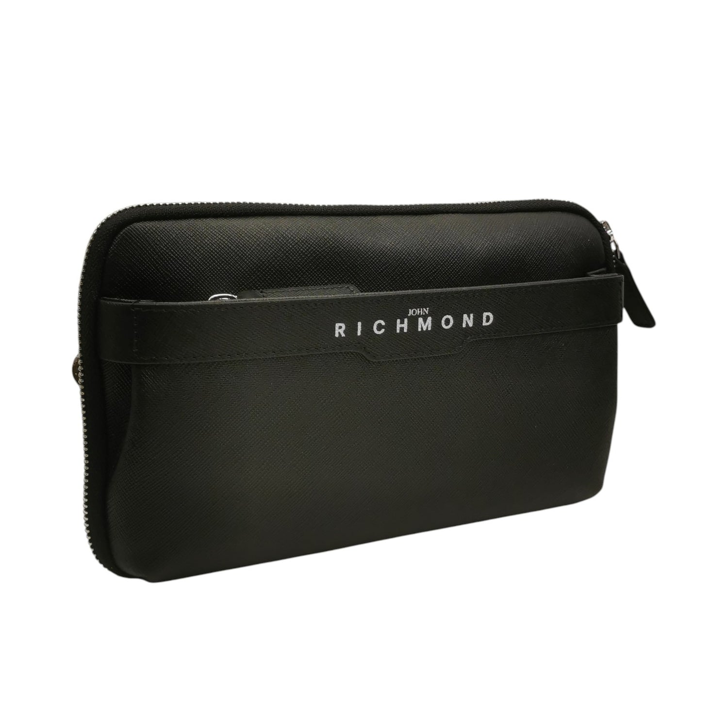 John Richmond Pochette Uomo in Pelle Effetto Saffiano Nera con Tre Scomparti