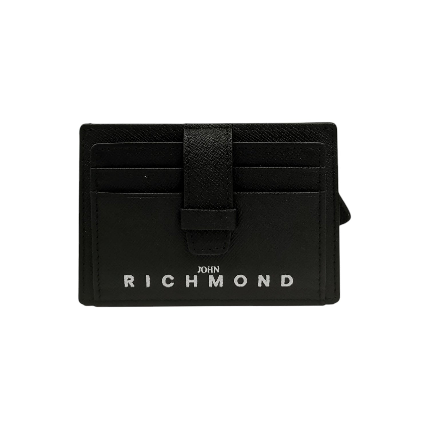 John Richmond Portacarte Uomo in Pelle Nera Effetto Saffiano con Logo Bianco