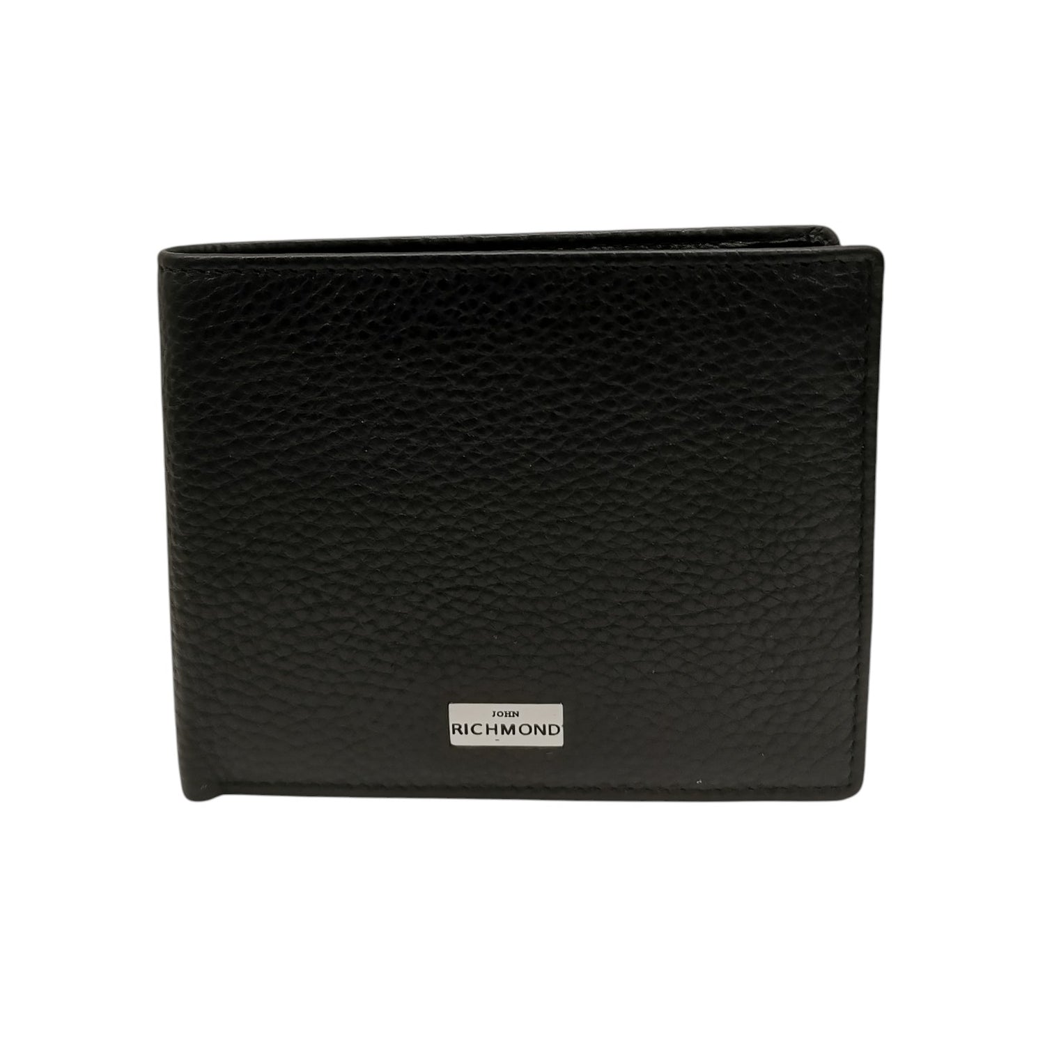 John Richmond Portafoglio Uomo in Pelle Nera Martellata con Targhetta Logo Argento