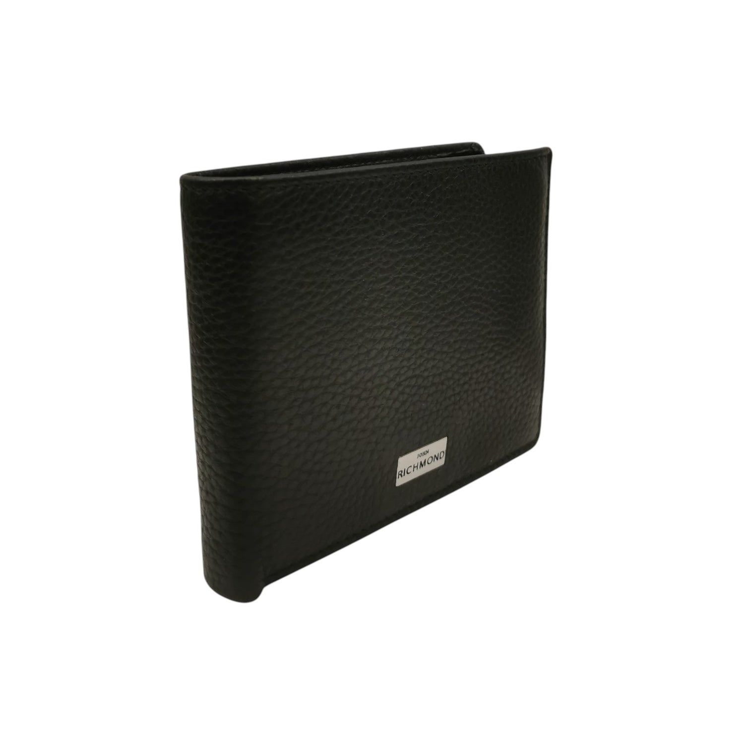 John Richmond Portafoglio Uomo in Pelle Nera Martellata con Targhetta Logo Argento