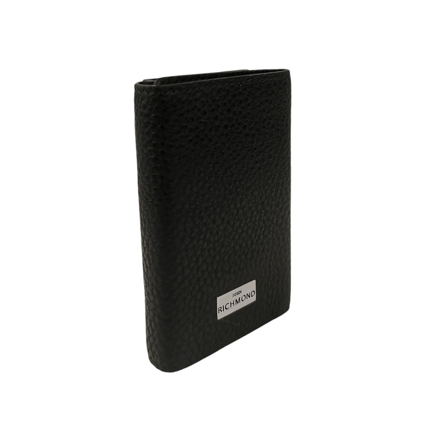 John Richmond Portacarte Uomo in Pelle Nera Martellata con Targhetta Logo Lettering