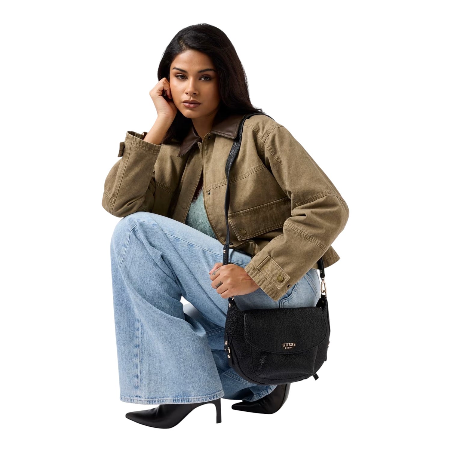 Guess Borsa a Tracolla Donna Marsha in Ecopelle Nera Martellata