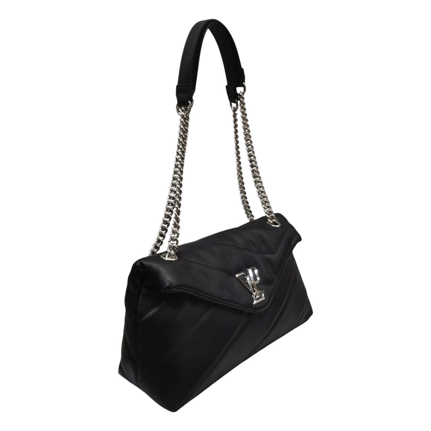 Gaelle Borsa a Tracolla Donna in Ecopelle Nera con Logo e Catena Argento