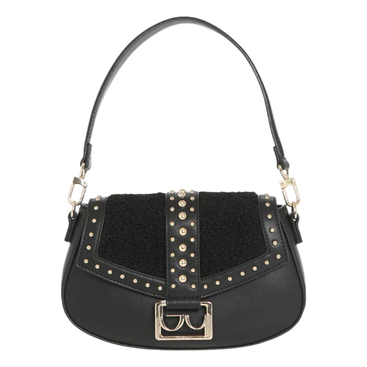 By Byblos Borsa a Spalla Donna in Ecopelle e Pelliccia Sintetica Nera con Borchie