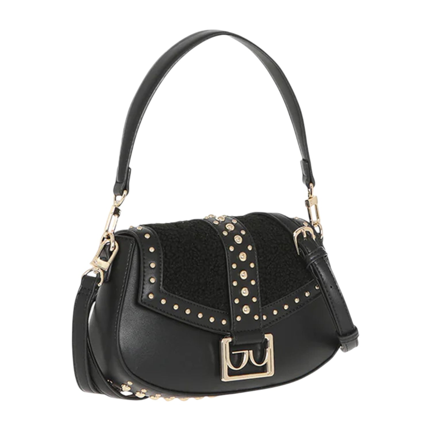 By Byblos Borsa a Spalla Donna in Ecopelle e Pelliccia Sintetica Nera con Borchie