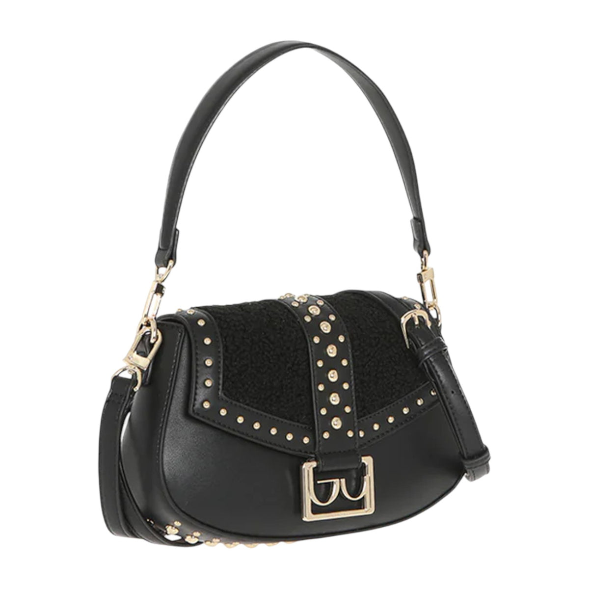 By Byblos Borsa a Spalla Donna in Ecopelle e Pelliccia Sintetica Nera con Borchie