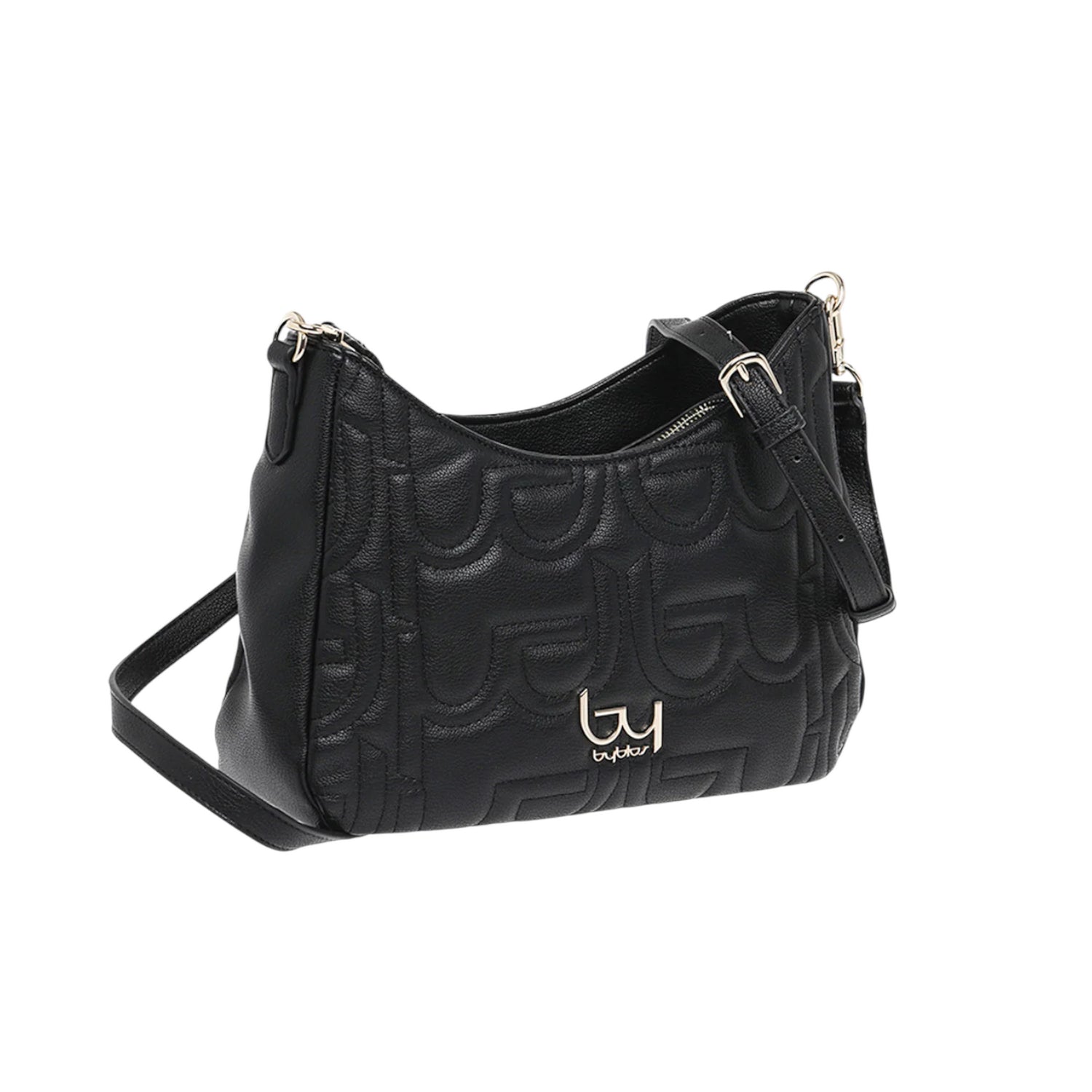 By Byblos Borsa a Spalla Piccola Donna in Ecopelle Nera con Tracolla e Stampa Logata