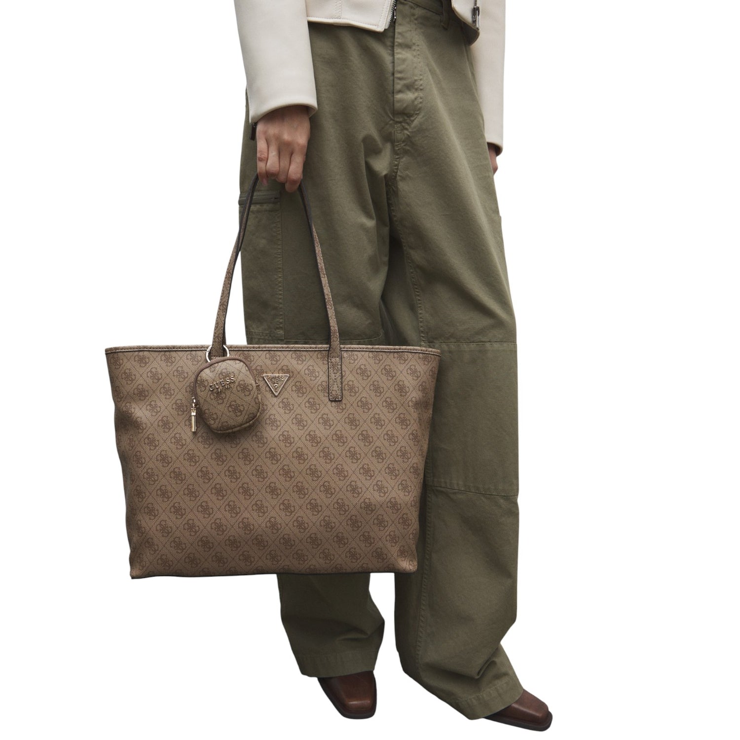 Guess Borsa a Spalla Donna in Ecopelle Latte Logo con Pochette Coordinata