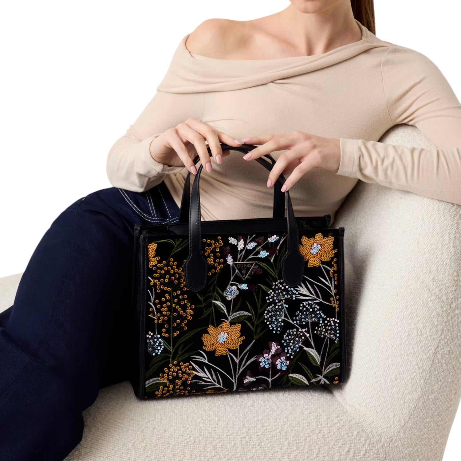 Guess Borsa a Mano Zalina Donna con Ricami in Velluto Nero con Tracolla