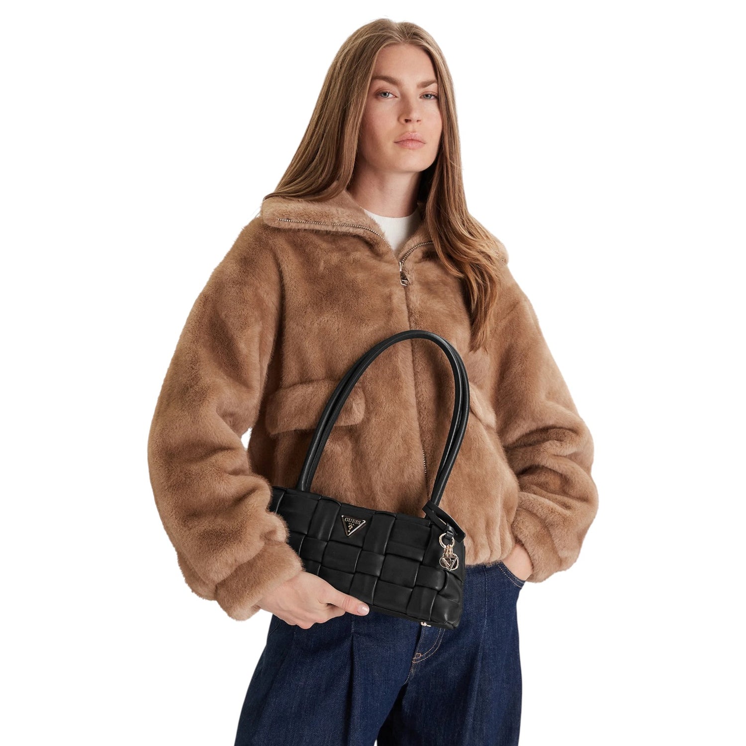 Guess Borsa a Spalla Donna Marion in Ecopelle Intrecciata Nera con Manici Lunghi