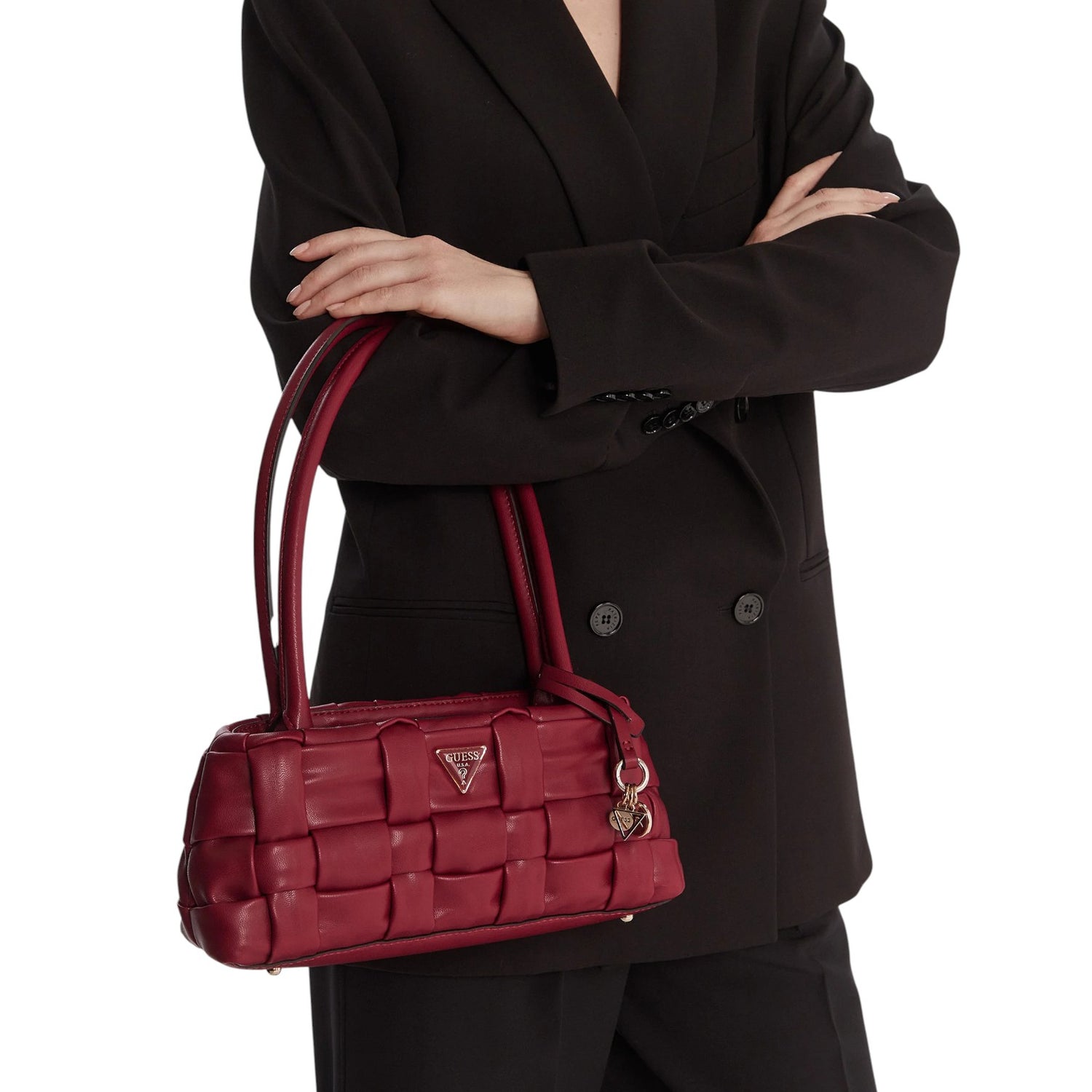 Guess Borsa a Spalla Donna Marion in Ecopelle Intrecciata Rossa con Manici Lunghi