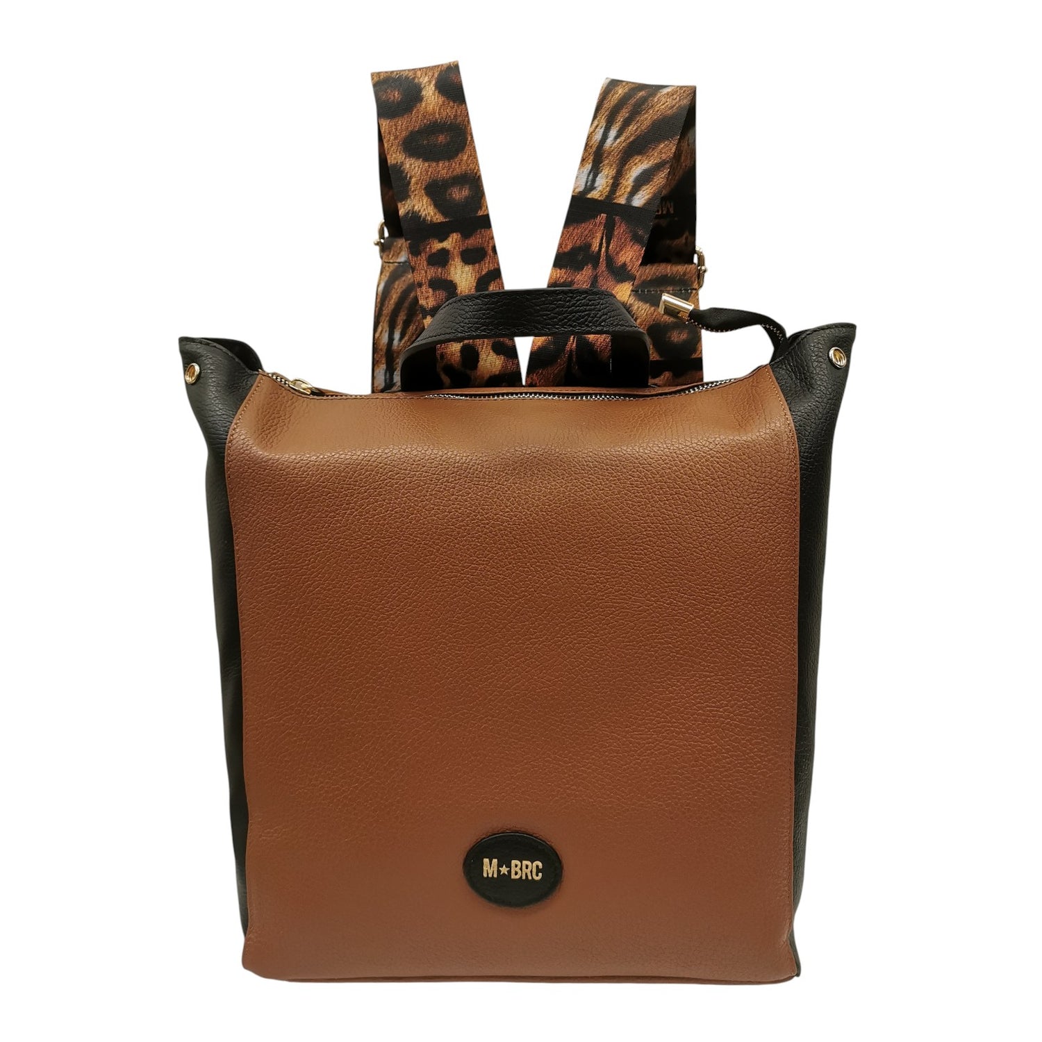 M Brc Zaino Donna Linea Animalier in Pelle Nero Cognac con Spallacci Regolabili