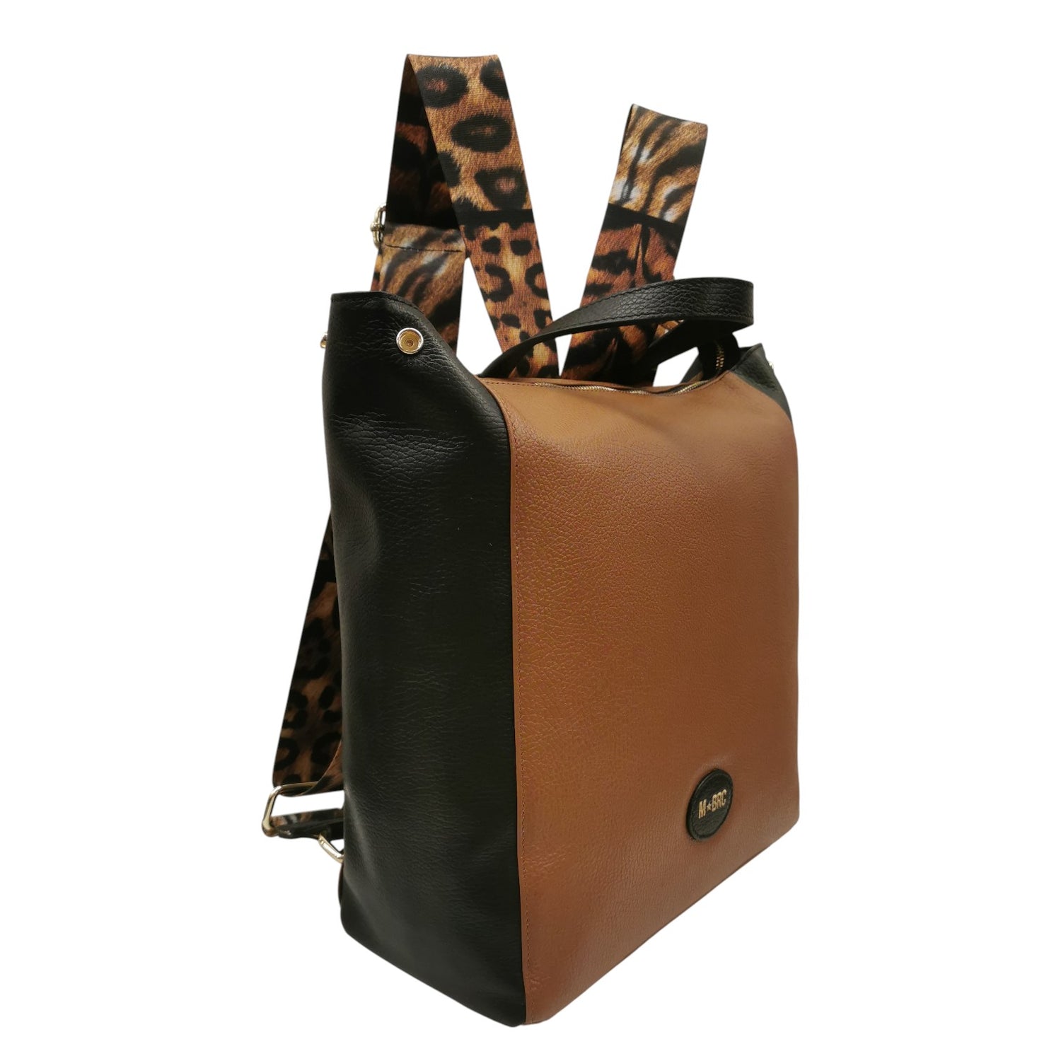 M Brc Zaino Donna Linea Animalier in Pelle Nero Cognac con Spallacci Regolabili