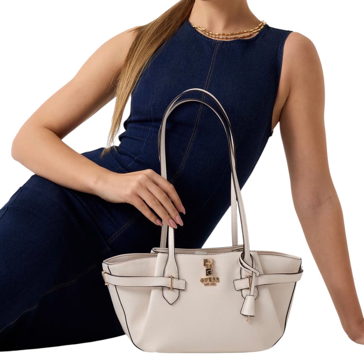 Guess Borsa a Spalla Donna Saffiano Yesba Bianca con Manici Lunghi