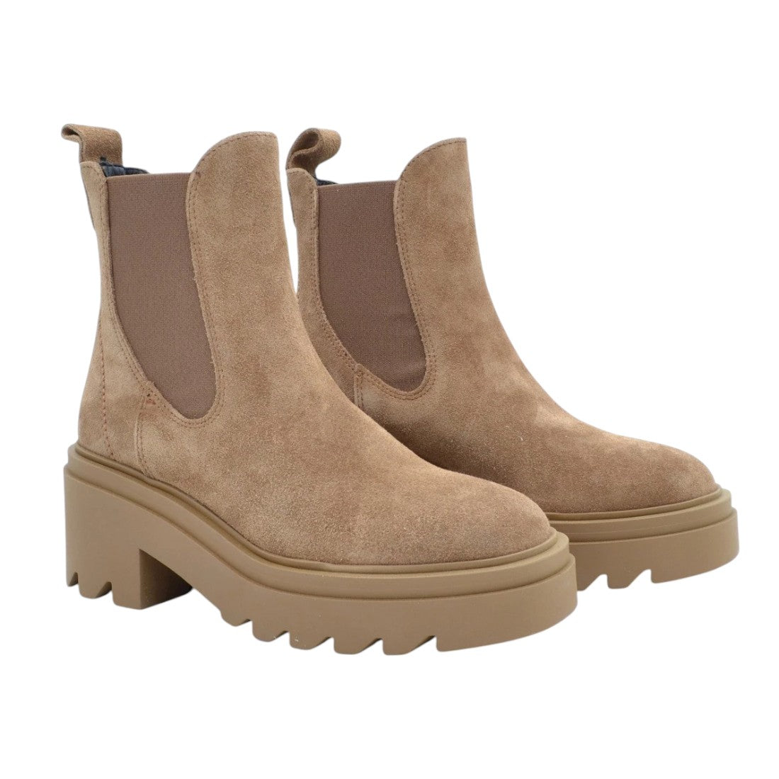 Francesco Brunelli Stivaletto Donna in Pelle Scamosciata Beige con Elastico Laterale e Tacco Largo Alto 70mm