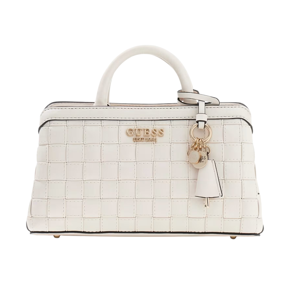 Guess Borsa a Mano Donna in Ecopelle Bianca Intrecciata Sandria con Tracolla