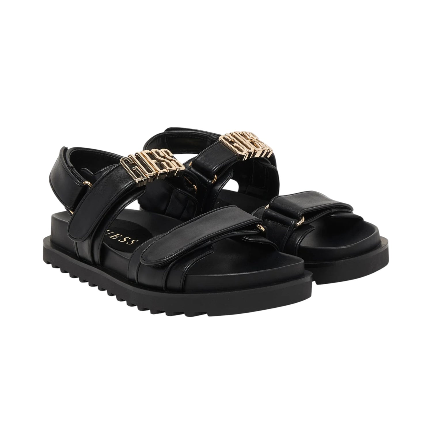 Guess Sandalo Donna in Ecopelle Nera con Strappo e Dettaglio Oro