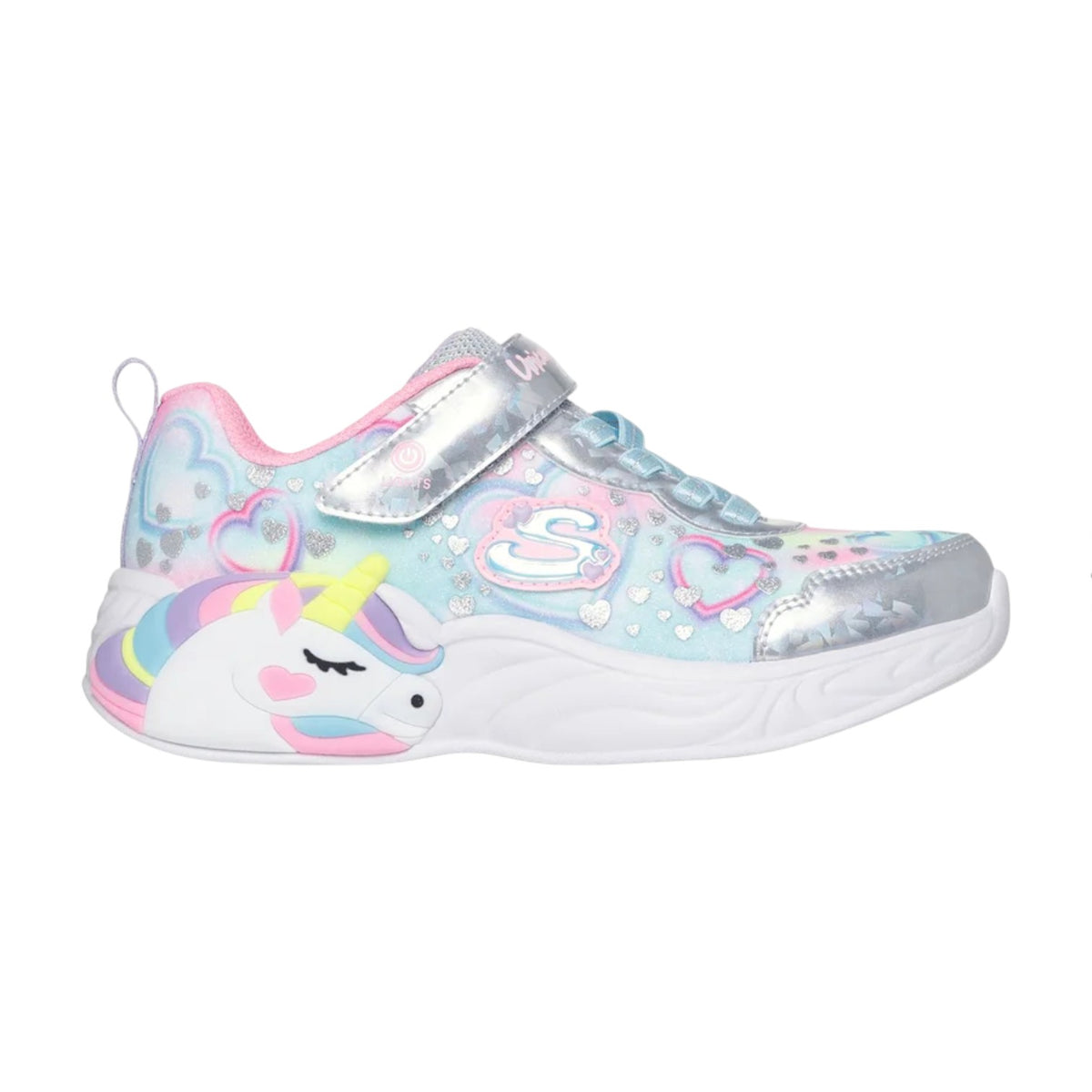 Skechers Sneakers Bambina Argento Multi con Luci S-Lights: Unicorn Dreams - Heart Sparkles