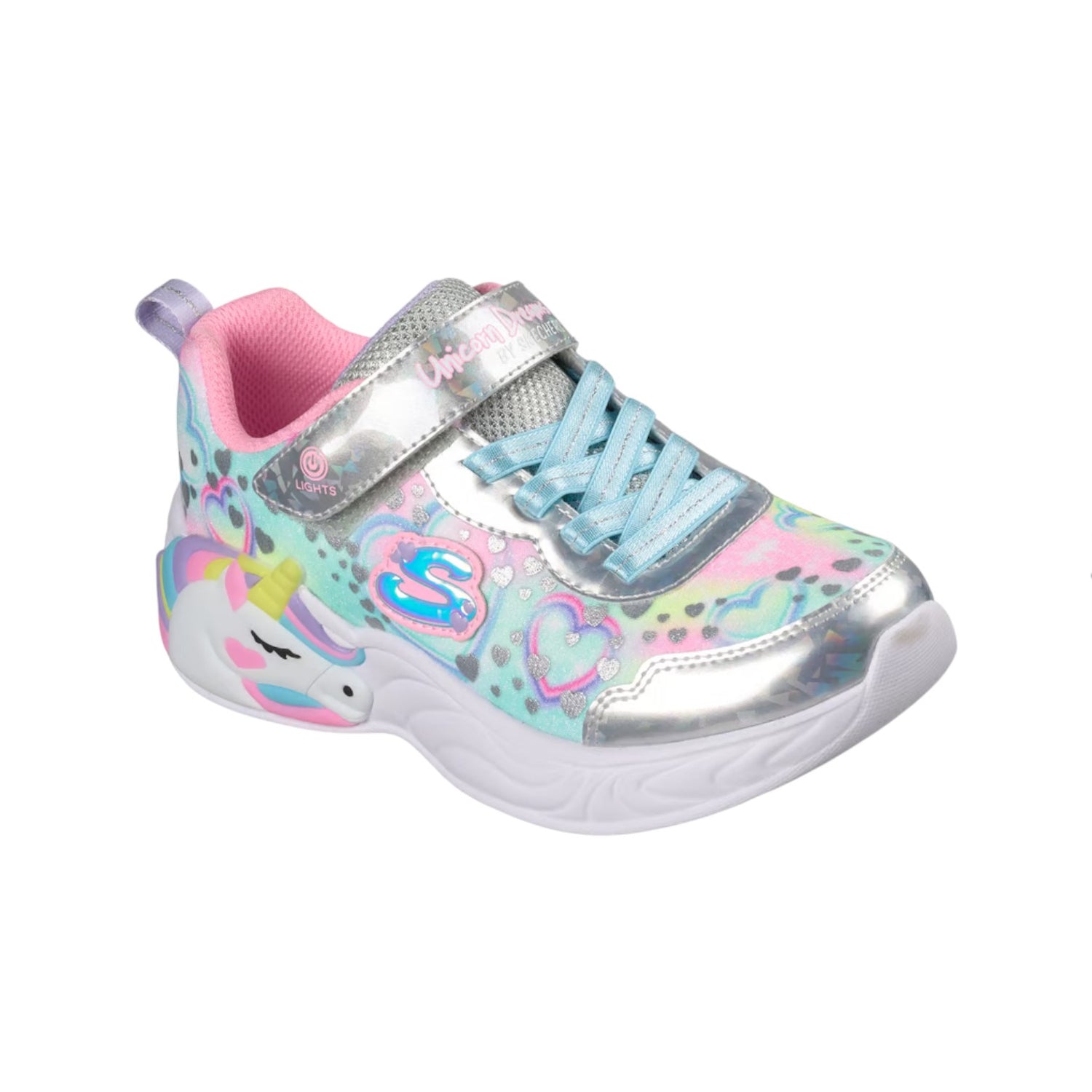 Skechers Sneakers Bambina Argento Multi con Luci S-Lights: Unicorn Dreams - Heart Sparkles