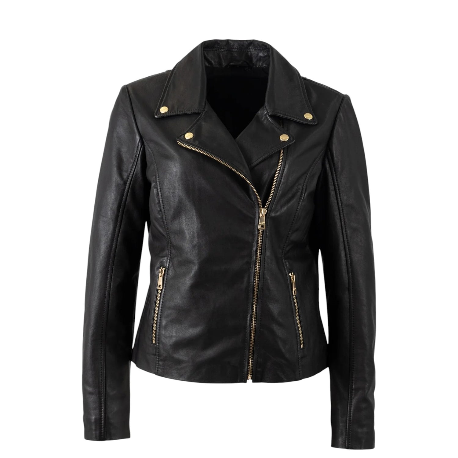 Mauritius Giubbotto Donna in Pelle Nera con Cerniere Oro
