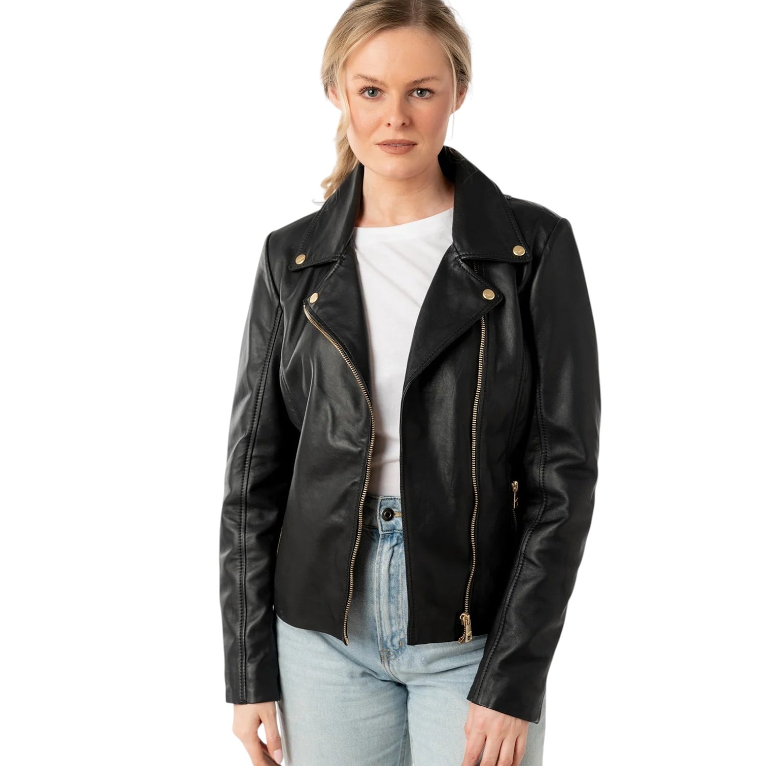 Mauritius Giubbotto Donna in Pelle Nera con Cerniere Oro