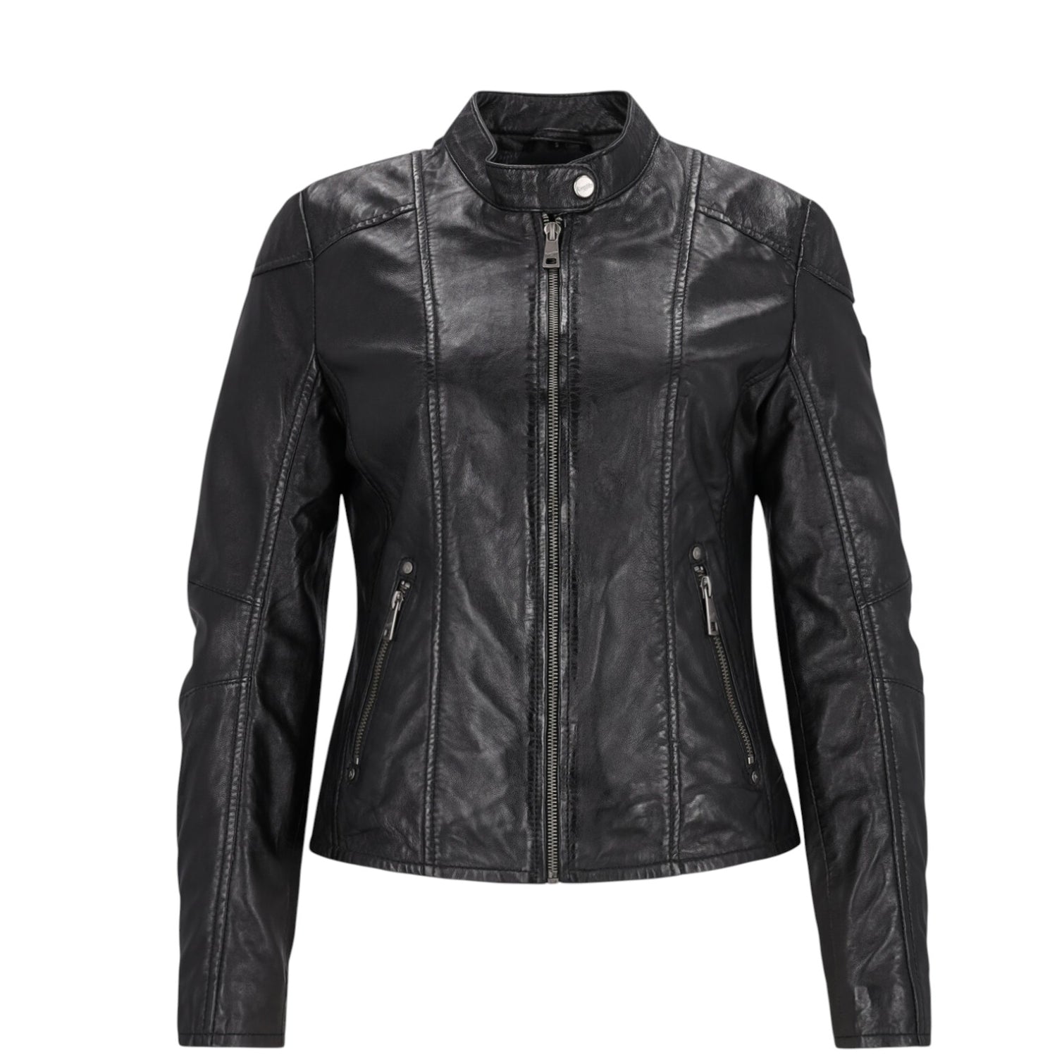 Mauritius Giubbotto da Motociclista Donna in Pelle Nera con Zip e Bottone
