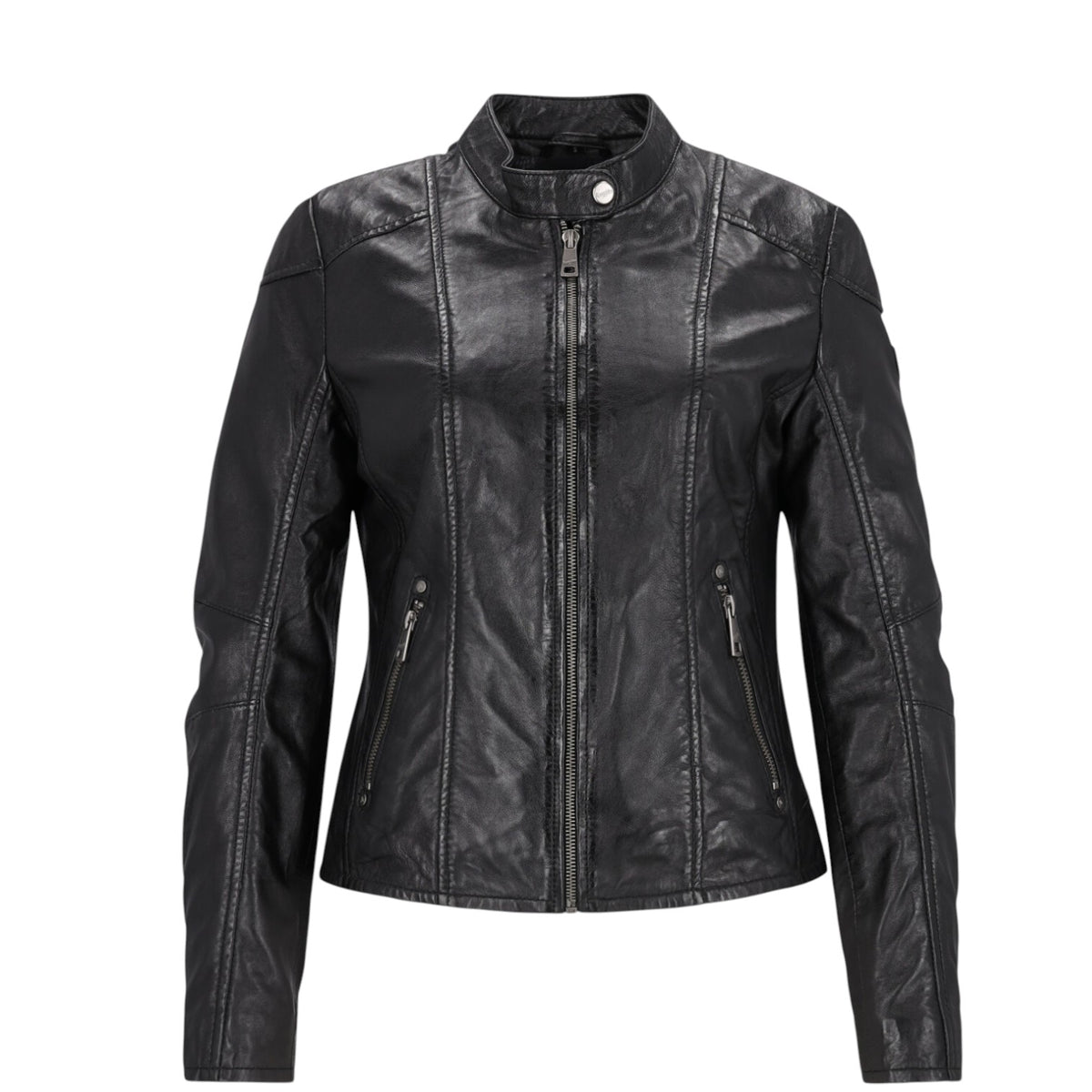 Mauritius Giubbotto da Motociclista Donna in Pelle Nera con Zip e Bottone