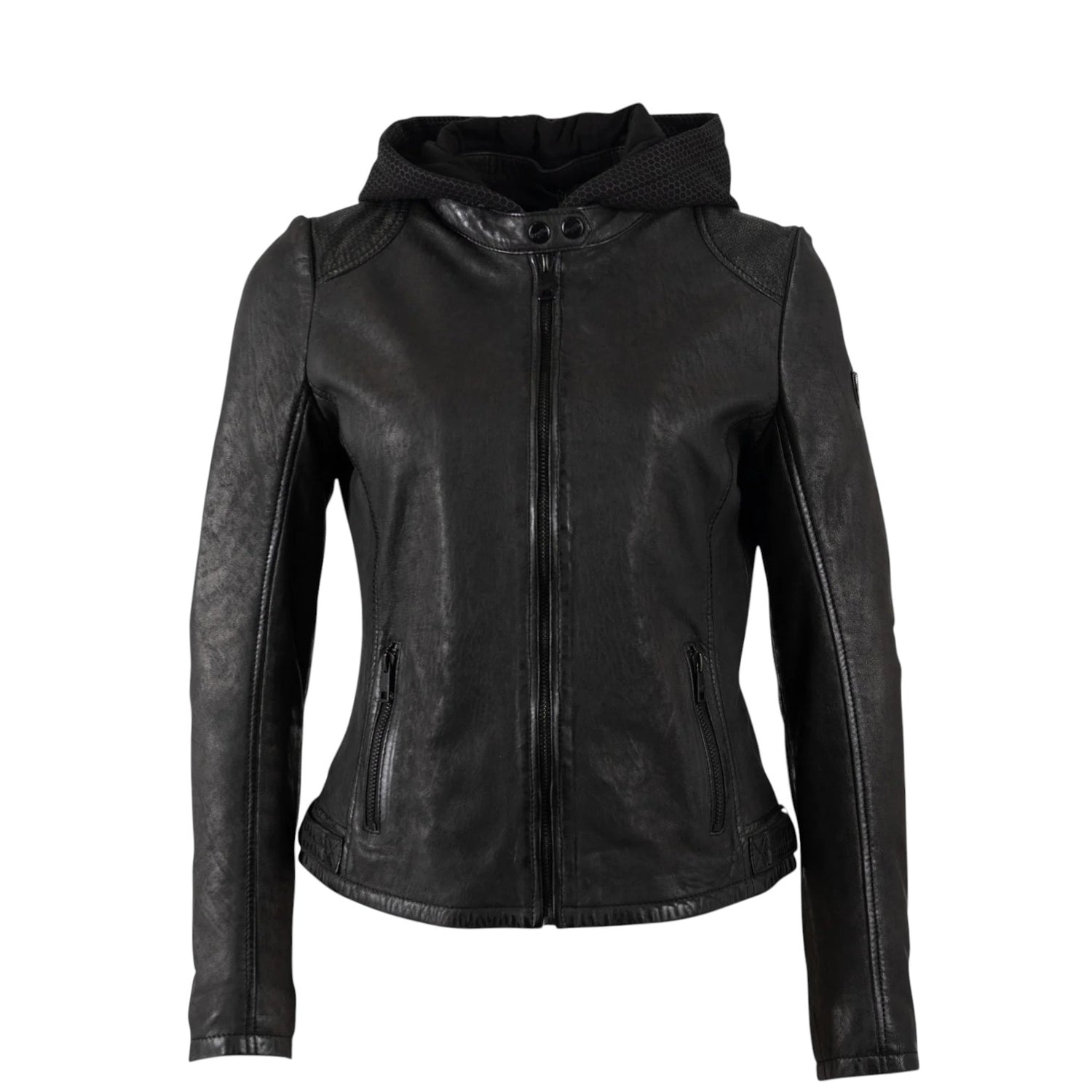 Mauritius Giubbotto Biker Donna in Pelle Nera con Taglio Aderente e Collo con Cappuccio