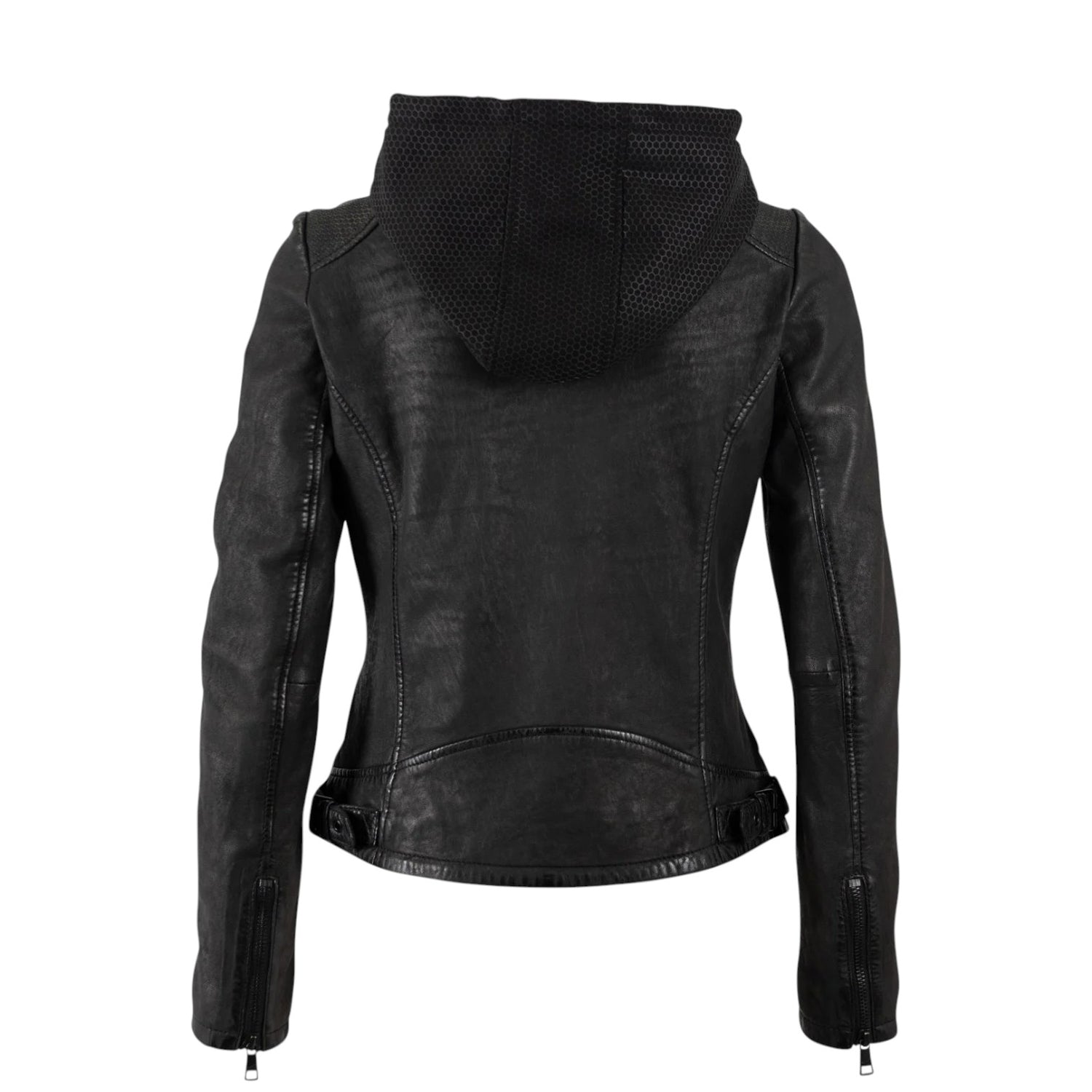 Mauritius Giubbotto Biker Donna in Pelle Nera con Taglio Aderente e Collo con Cappuccio