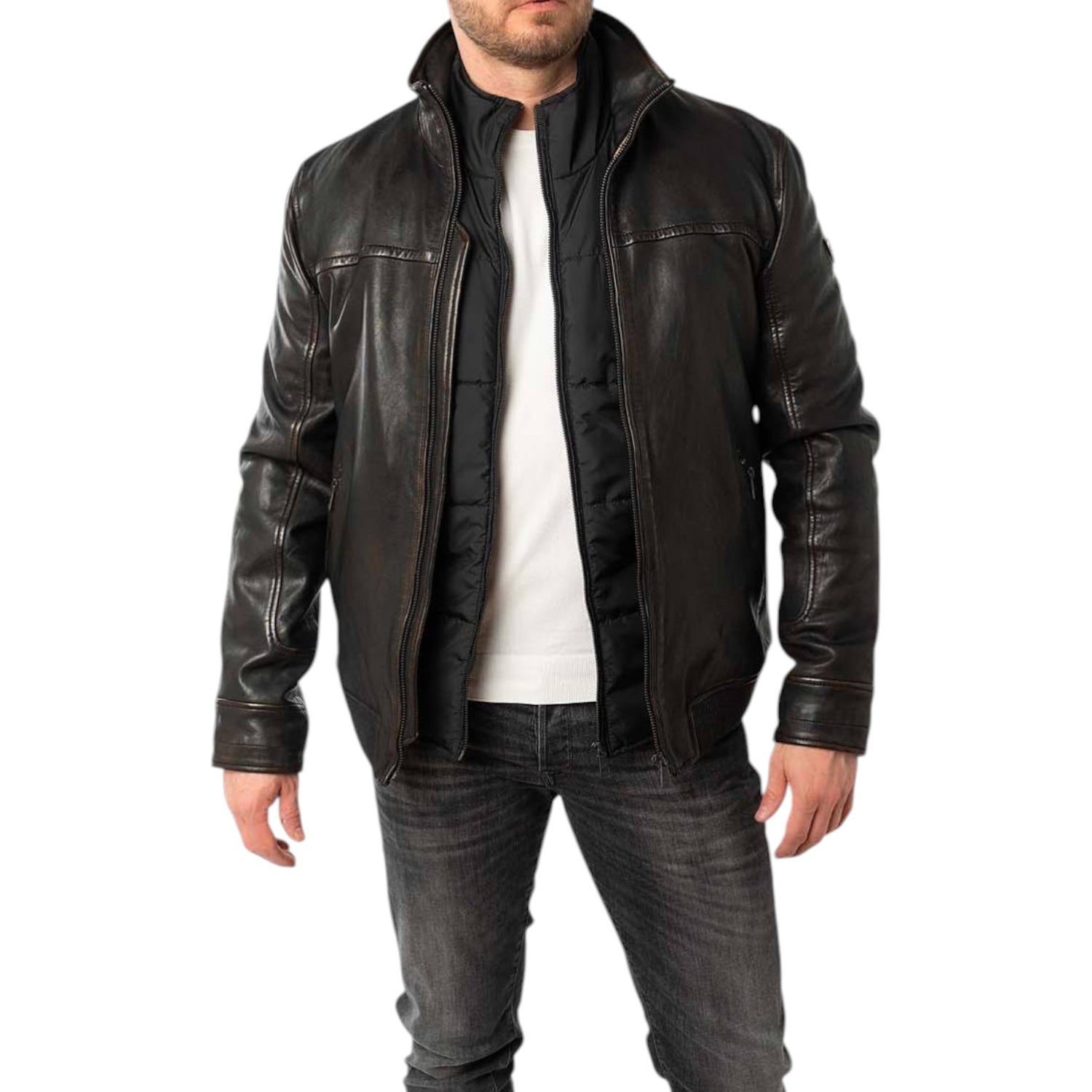 Mauritius Giubbotto Uomo in Pelle Nero Marrone con Gilet Removibile