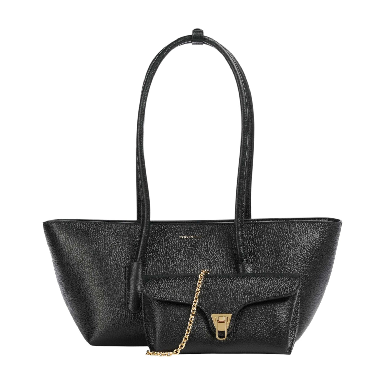 Coccinelle Borsa a Spalla Donna in Pelle Nera con Tracolla Oro e Manici Alti