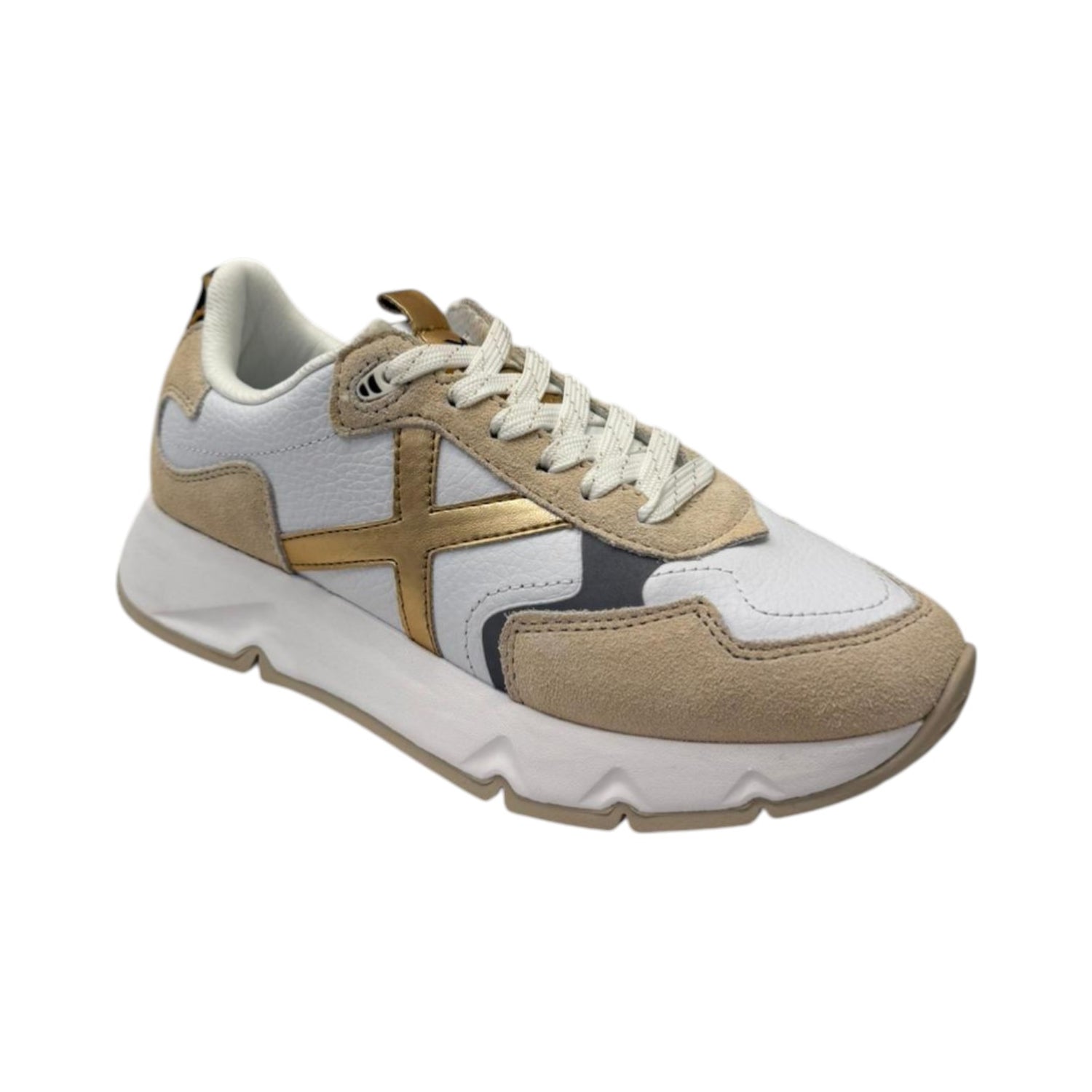 Munich Mamba Sneakers Donna in Pelle e Camoscio Bianco Beige con Dettaglio Oro