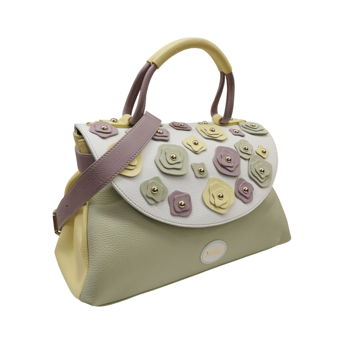 M Brc Borsa a Mano Donna Linea Carla in Pelle Bianco Multi con Tracolla e Fiori