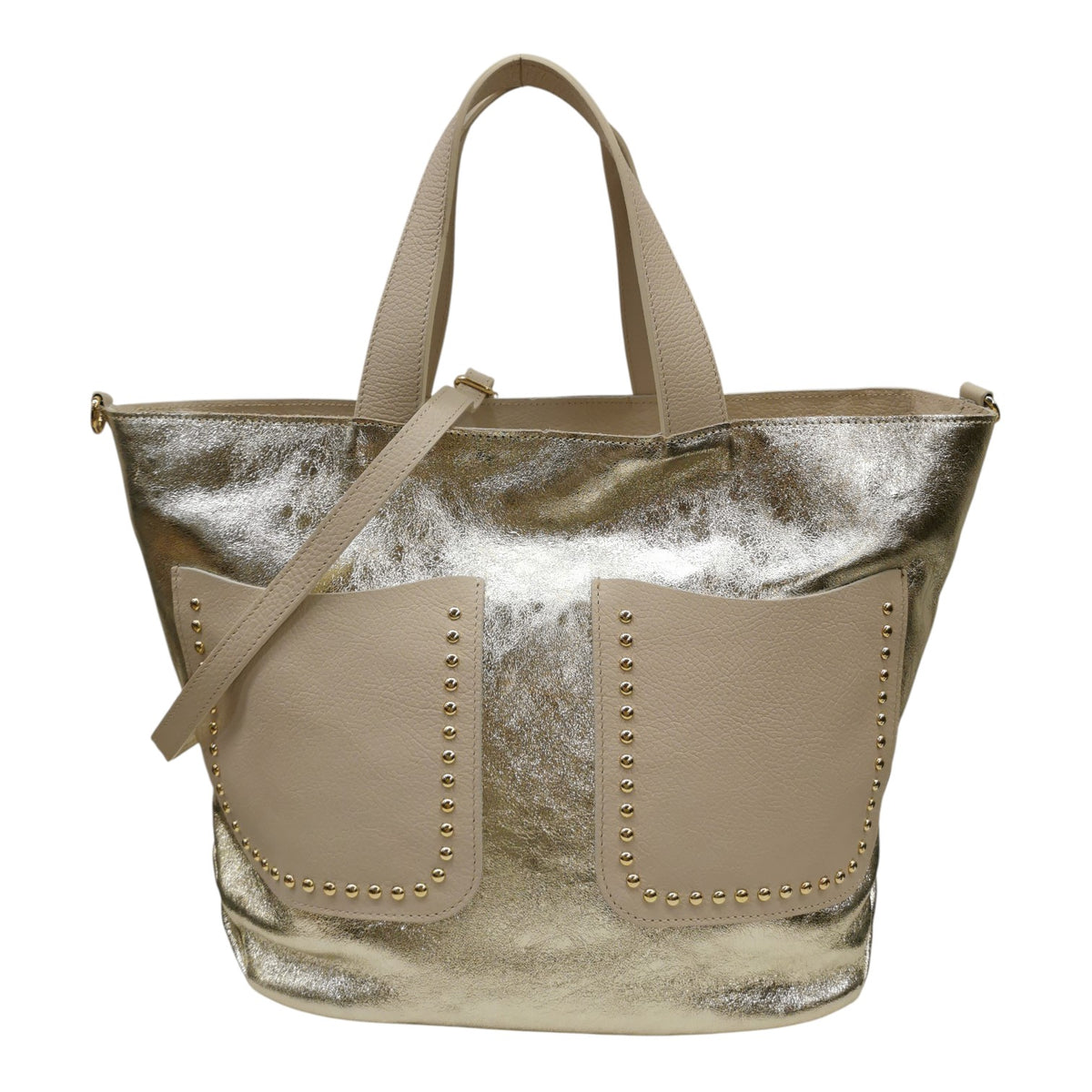M Brc Borsa a Mano Grande Donna Linea Poket in Pelle Platino con Tracolla