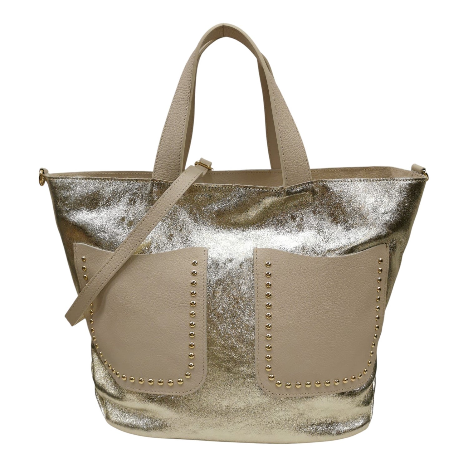 M Brc Borsa a Mano Grande Donna Linea Poket in Pelle Platino con Tracolla